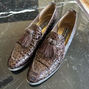 Stuart Weitzman Dark Brown Croc-Embossed Tassel Loafers